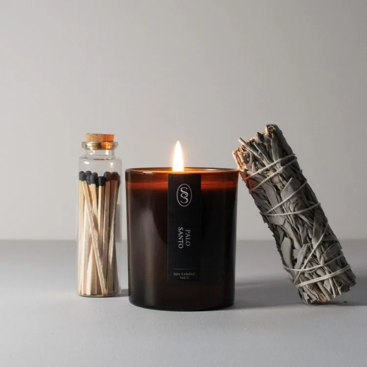 Pure Palo Santo Oil Candle and White Sage Stick Set