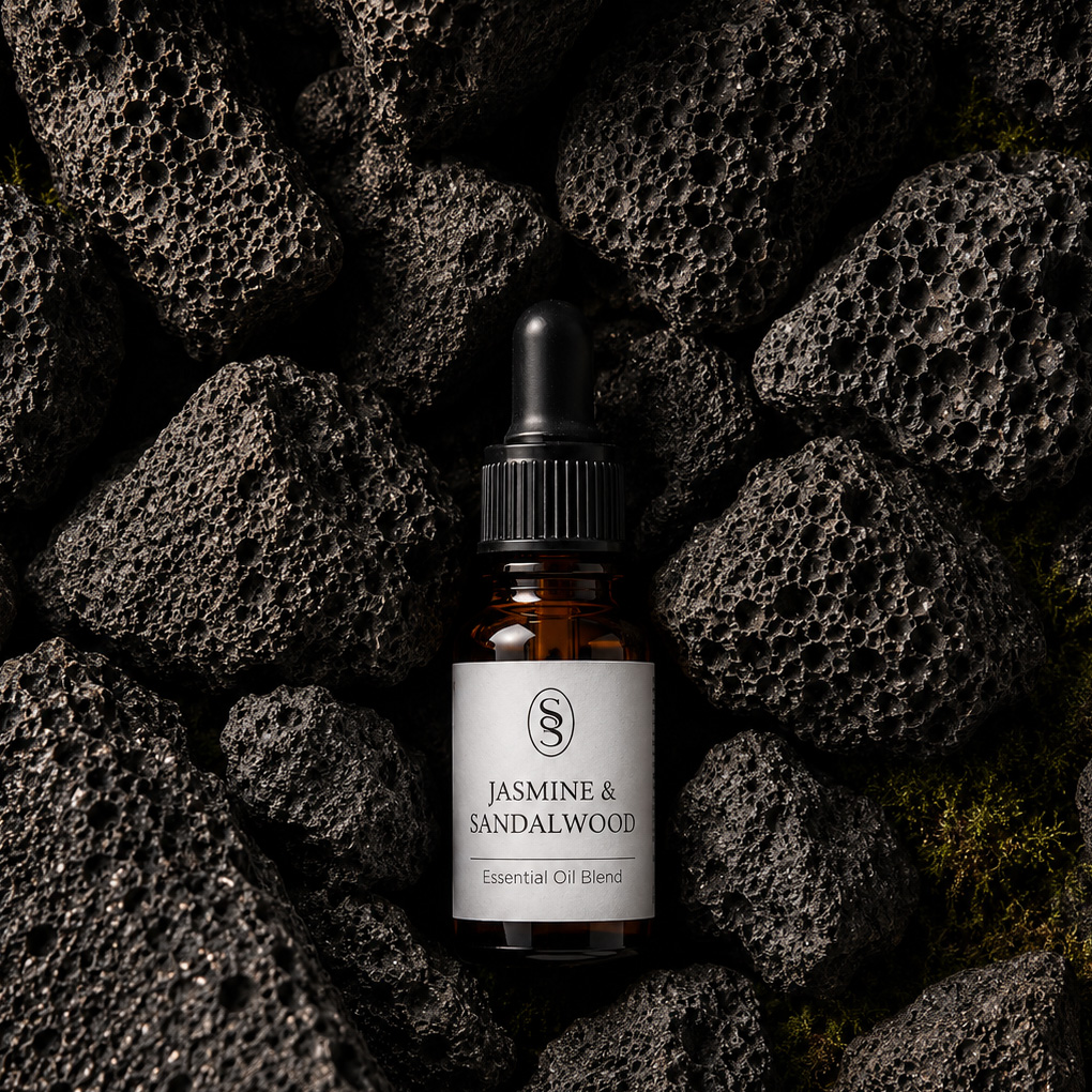 Jasmine & Sandalwood pure essential oil blend bottle resting on natural lava stones
