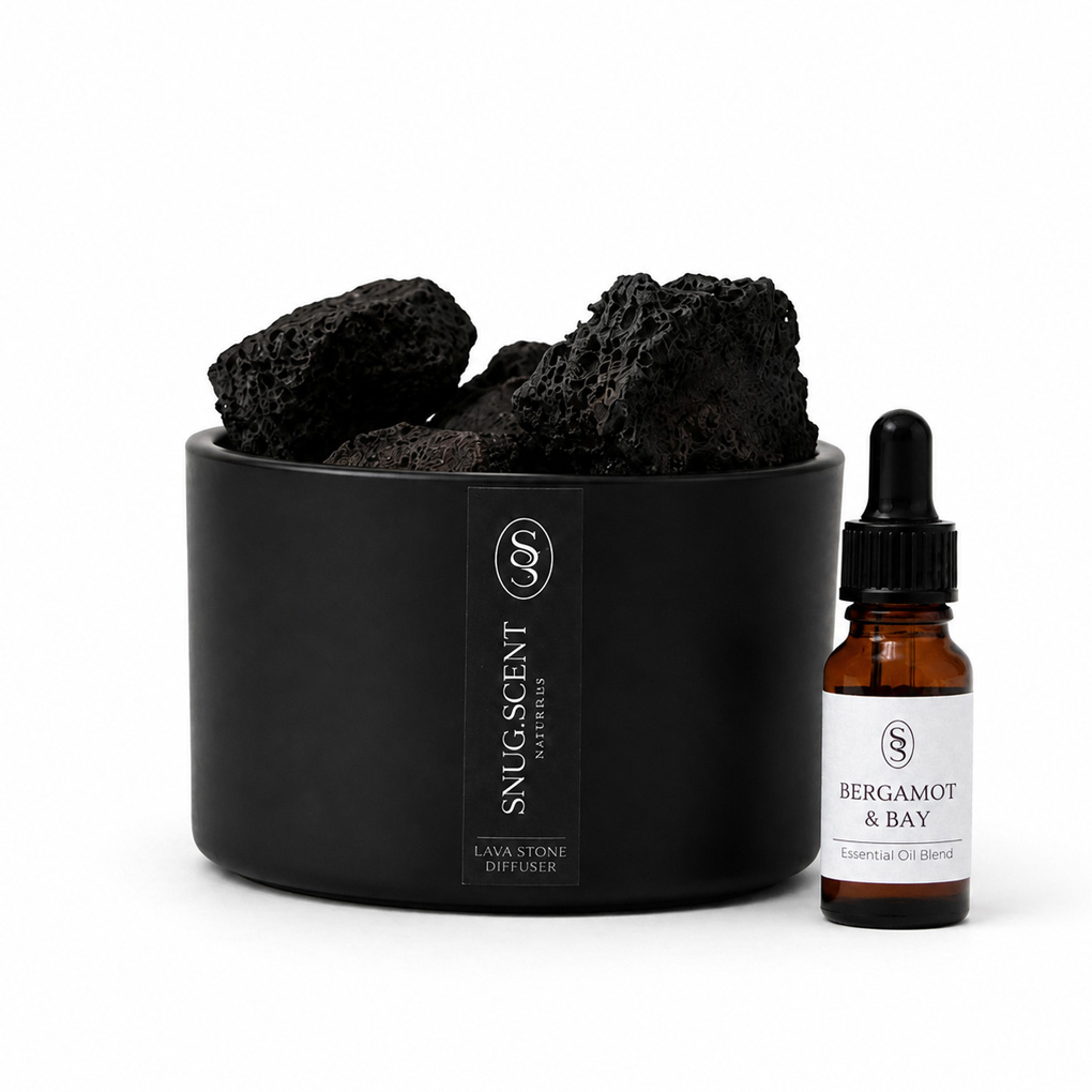Snug Scent natural lava stone diffuser with grounding Bergamot & Bay essential oil blend