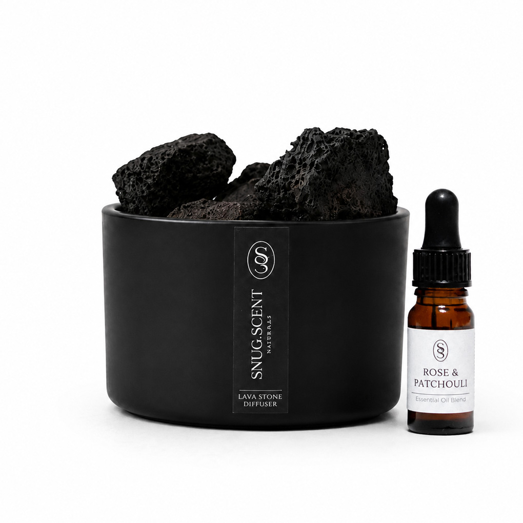 Snug Scent natural lava stone diffuser with balancing Rose & Patchouli essential oil blend