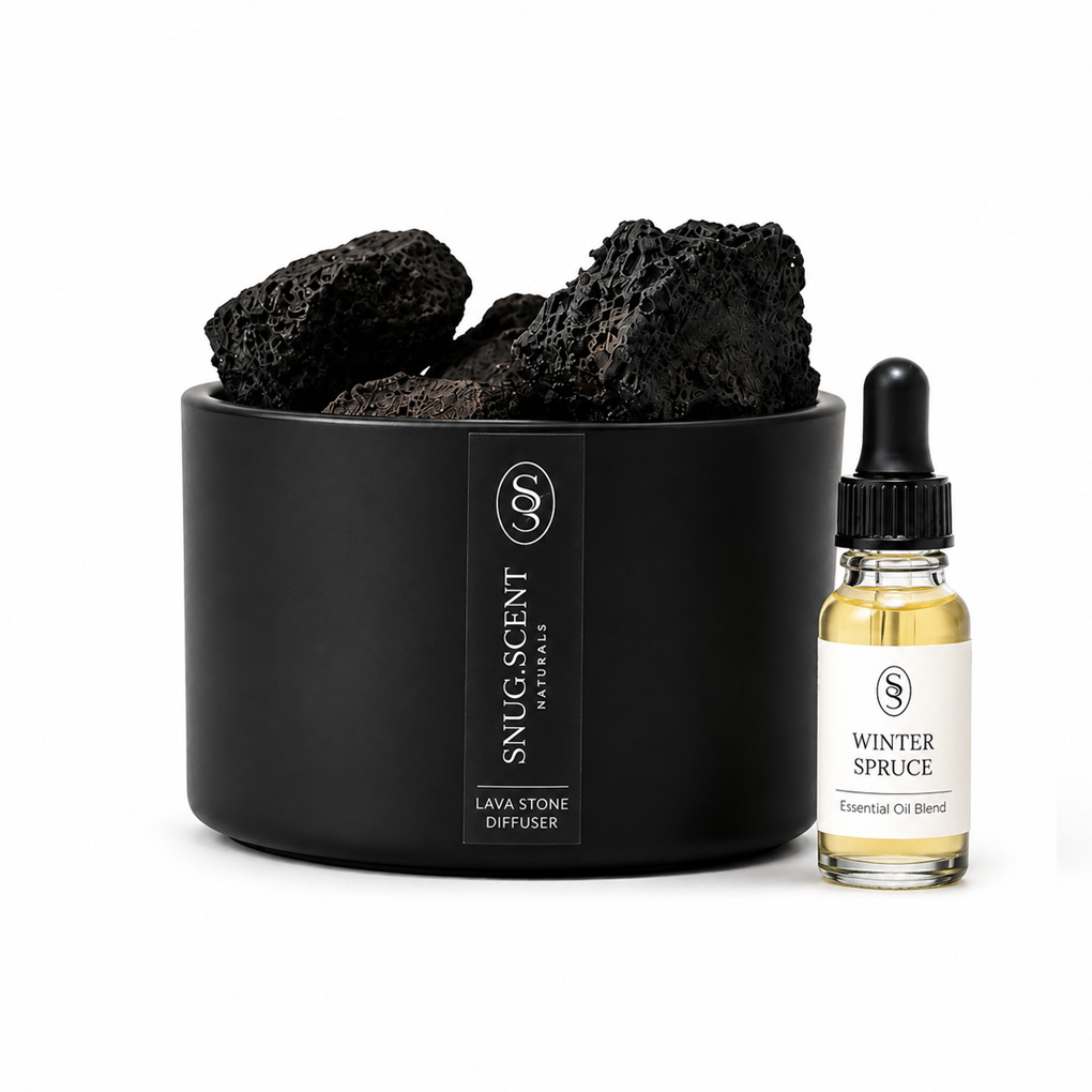 Winter Spruce natural lava stone diffuser by Snug Scent, pine and cedar essential oil blend